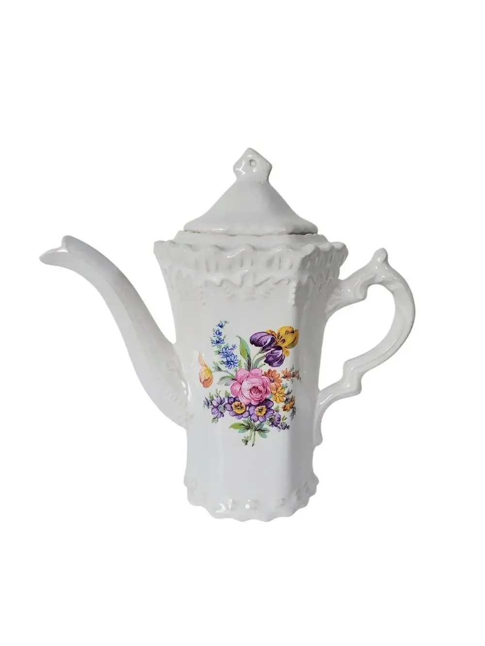 Antique Porcelain Coffee pot/Teapot Embossed Floral 3d Lace Marked With Lid